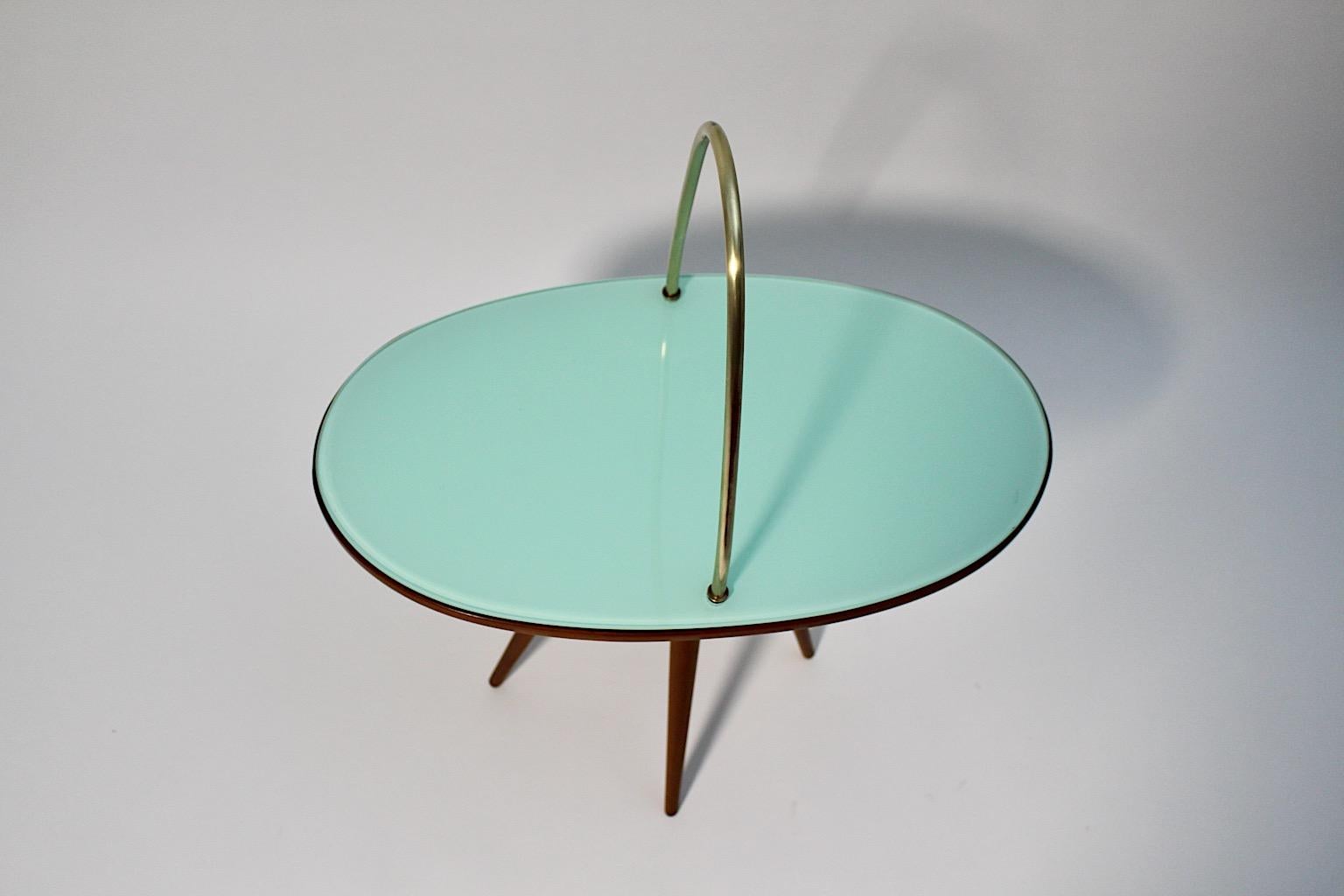 Mid-Century Modern Vintage Oval Cherry Brass Green Glass Side Table 1950s Italy In Good Condition For Sale In Vienna, AT