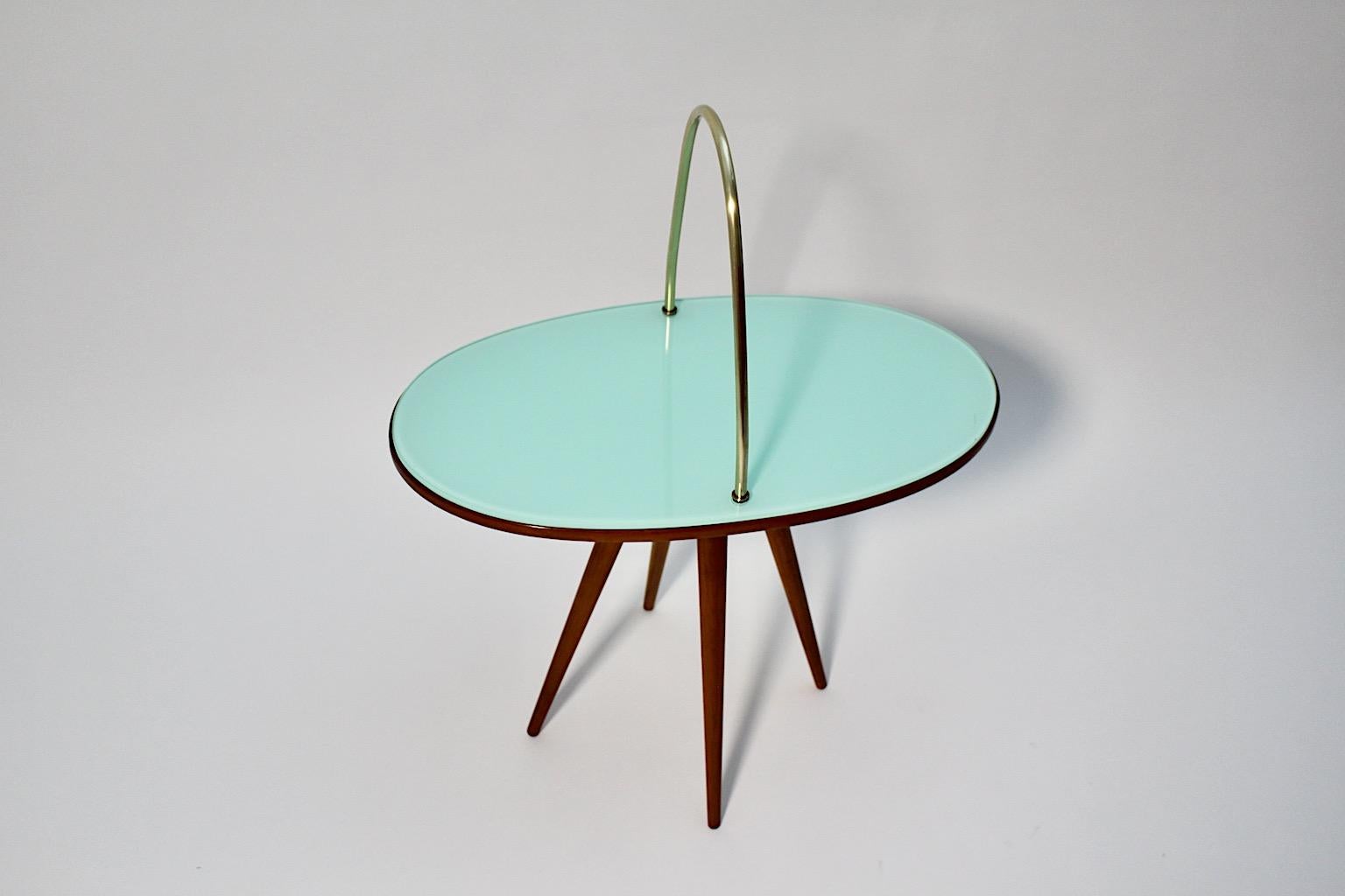 Mid-20th Century Mid-Century Modern Vintage Oval Cherry Brass Green Glass Side Table 1950s Italy For Sale