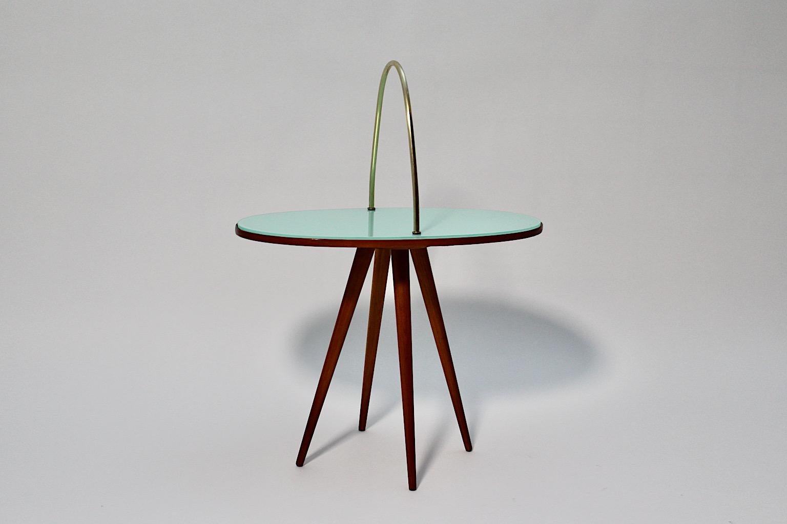 Mid-Century Modern Vintage Oval Cherry Brass Green Glass Side Table 1950s Italy For Sale 1