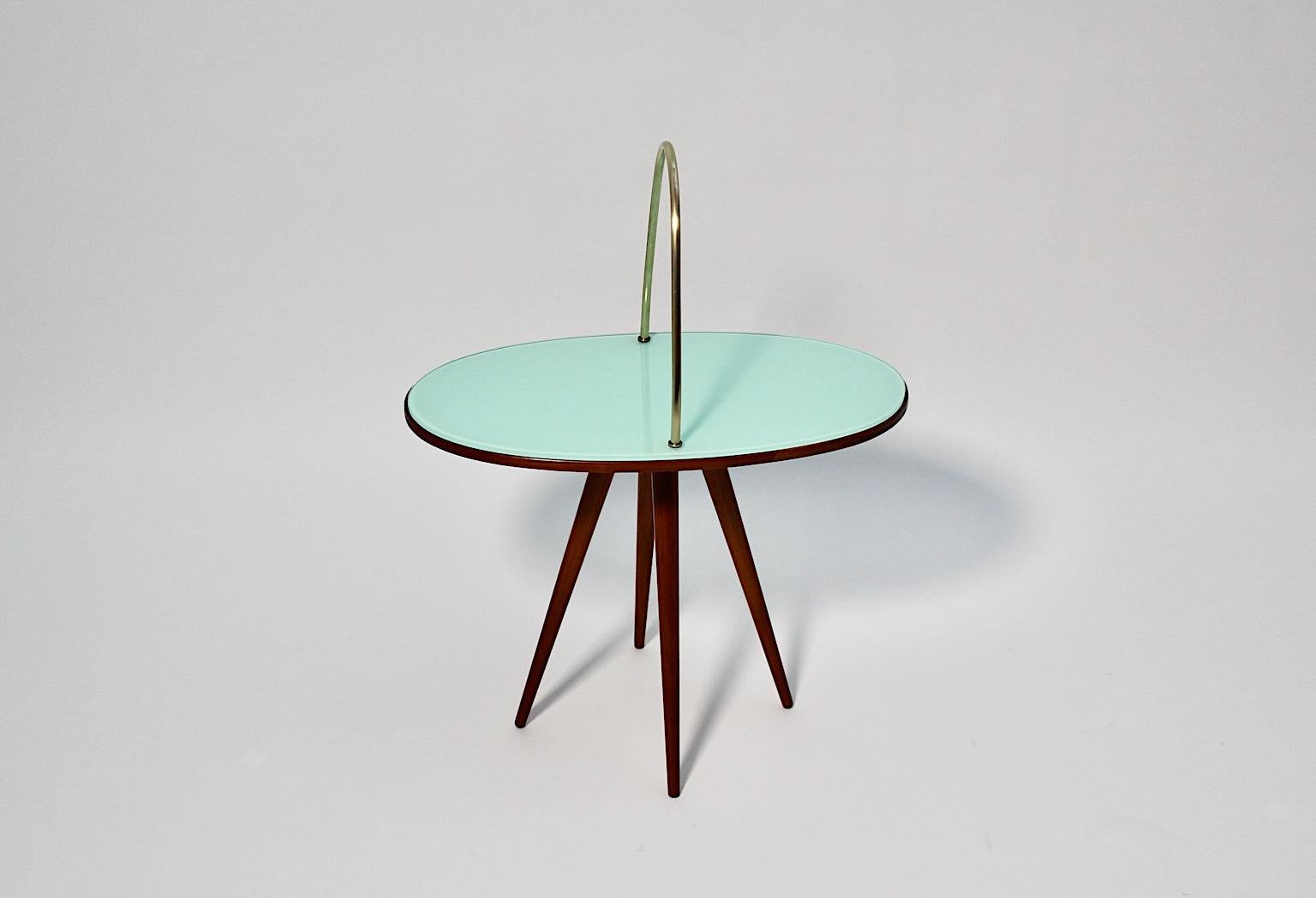 Mid-Century Modern Vintage Oval Cherry Brass Green Glass Side Table 1950s Italy For Sale 2