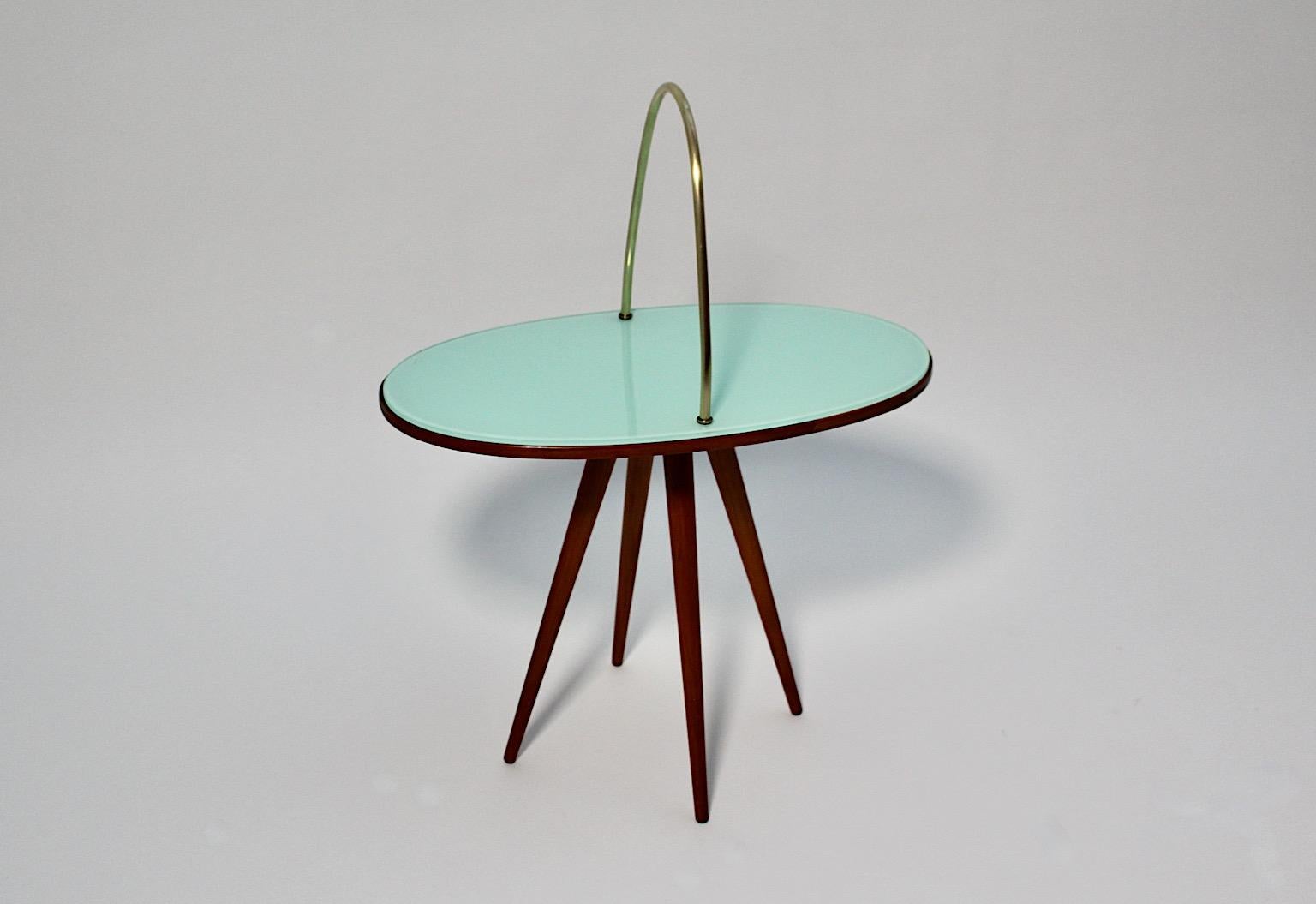 Mid-Century Modern Vintage Oval Cherry Brass Green Glass Side Table 1950s Italy For Sale 3