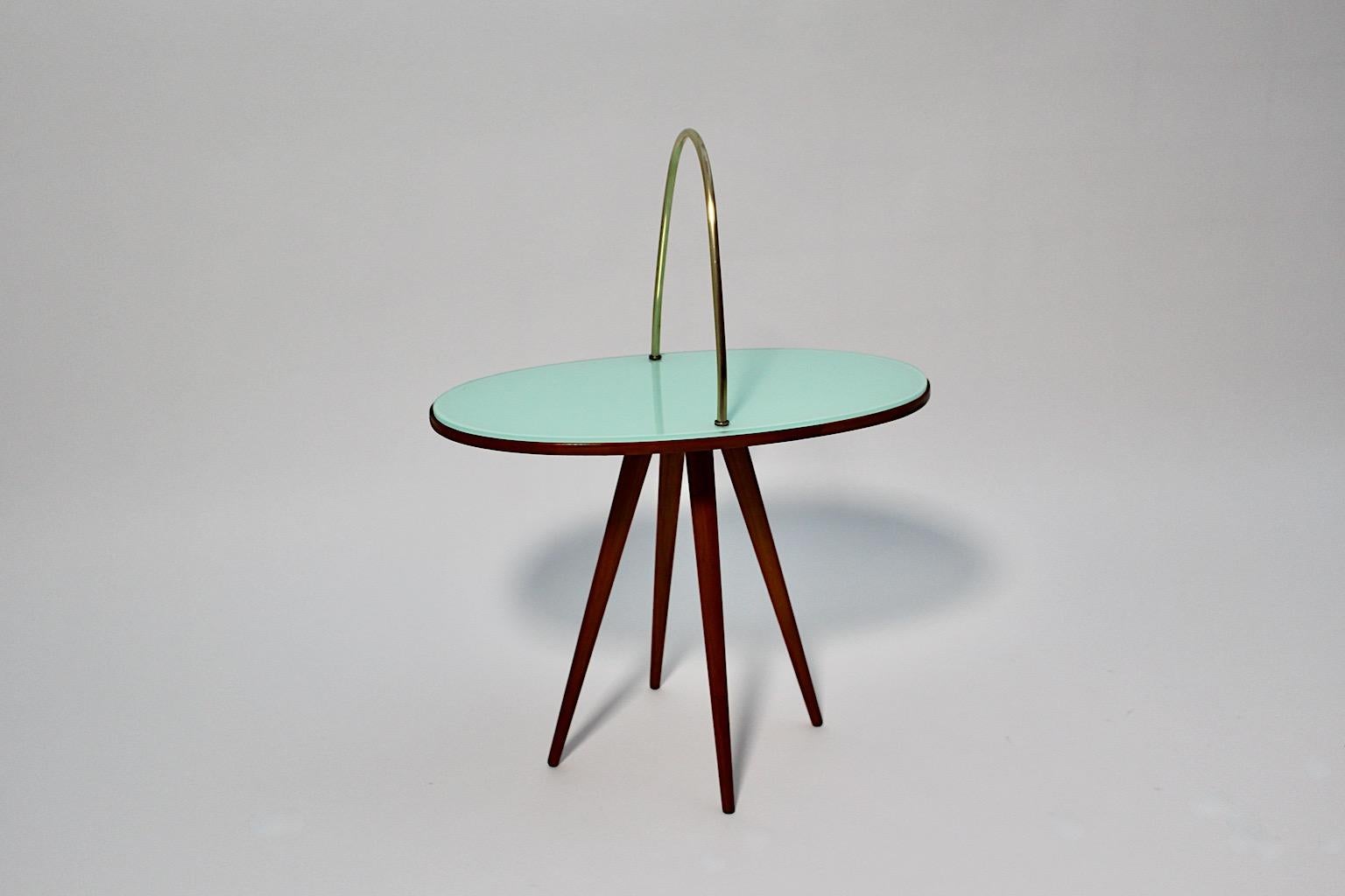 Mid-Century Modern Vintage Oval Cherry Brass Green Glass Side Table 1950s Italy For Sale 4
