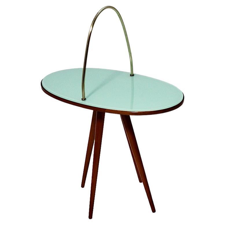 Mid-Century Modern Vintage Oval Cherry Brass Green Glass Side Table 1950s Italy