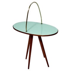 Mid-Century Modern Retro Oval Cherry Brass Green Glass Side Table 1950s Italy