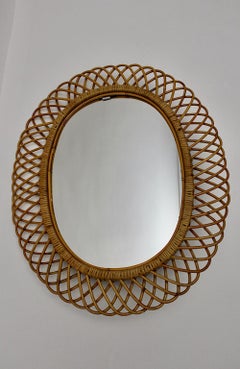 Mid-Century Modern Vintage Oval Sunburst Mirror Wall Mirror Rattan, Italy, 1960s