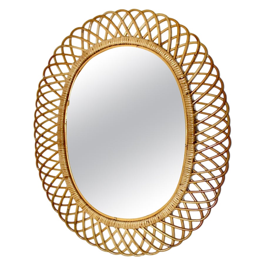Mid-Century Modern Vintage Oval Sunburst Mirror Wall Mirror Rattan, Italy, 1960s
