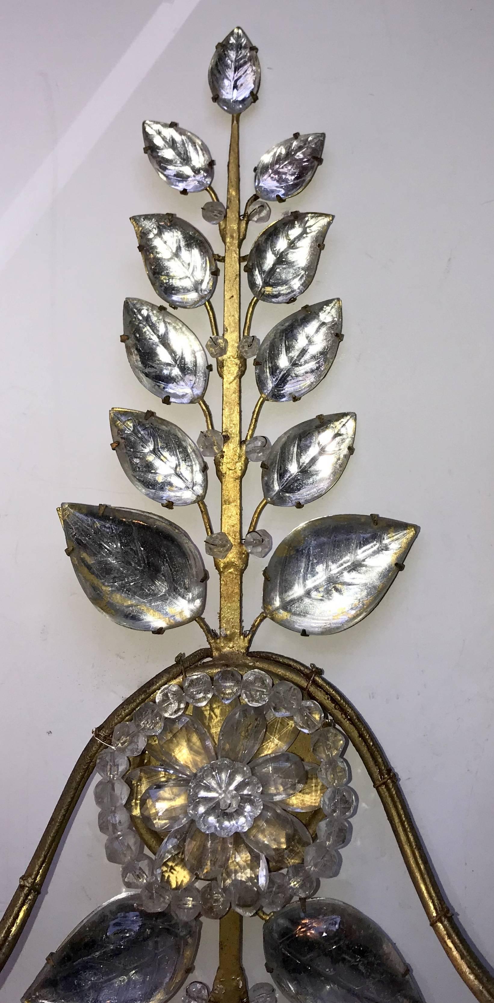 Fabulous Pair Of French Leaf And Flower Medallion Beaded Crystal Gold Gilt Two-Arm Sconces In The Mid Century Modern Manner Of Bagues, Circa 1930s
