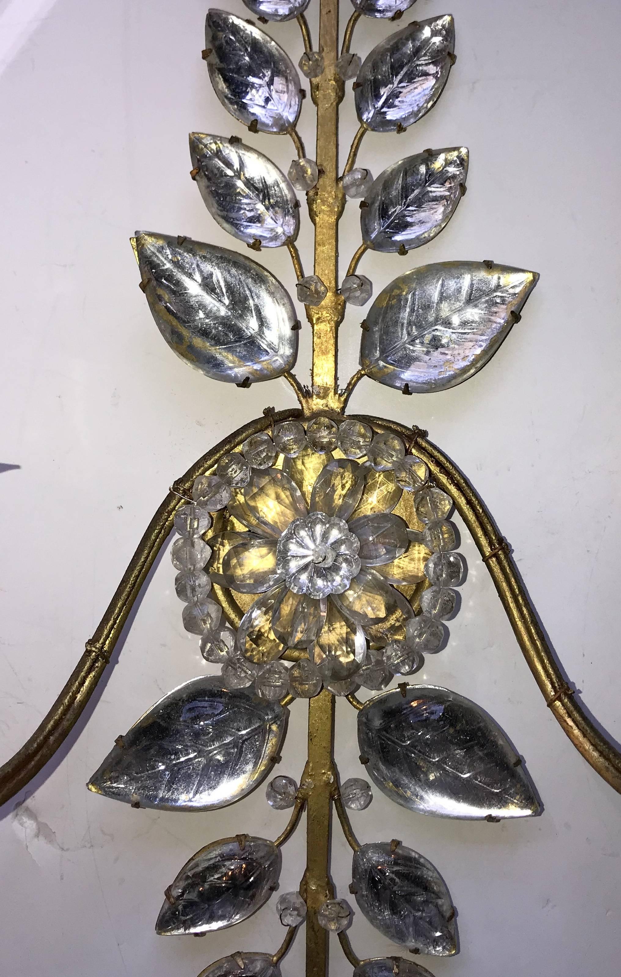 Mid-Century Modern Mid Century Modern Vintage Pair Bagues French Leaf Flower Beaded Crystal Sconces