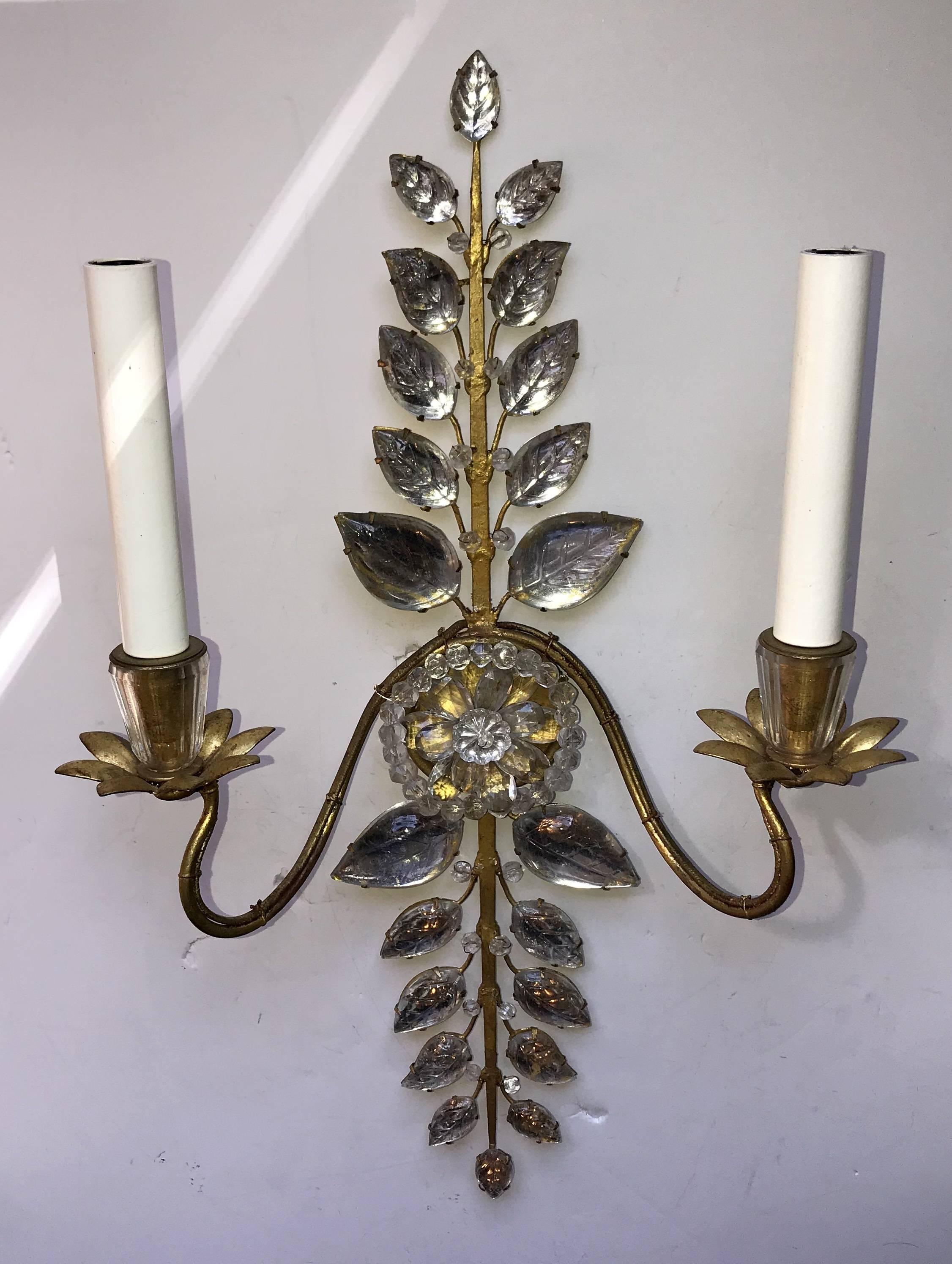 20th Century Mid Century Modern Vintage Pair Bagues French Leaf Flower Beaded Crystal Sconces