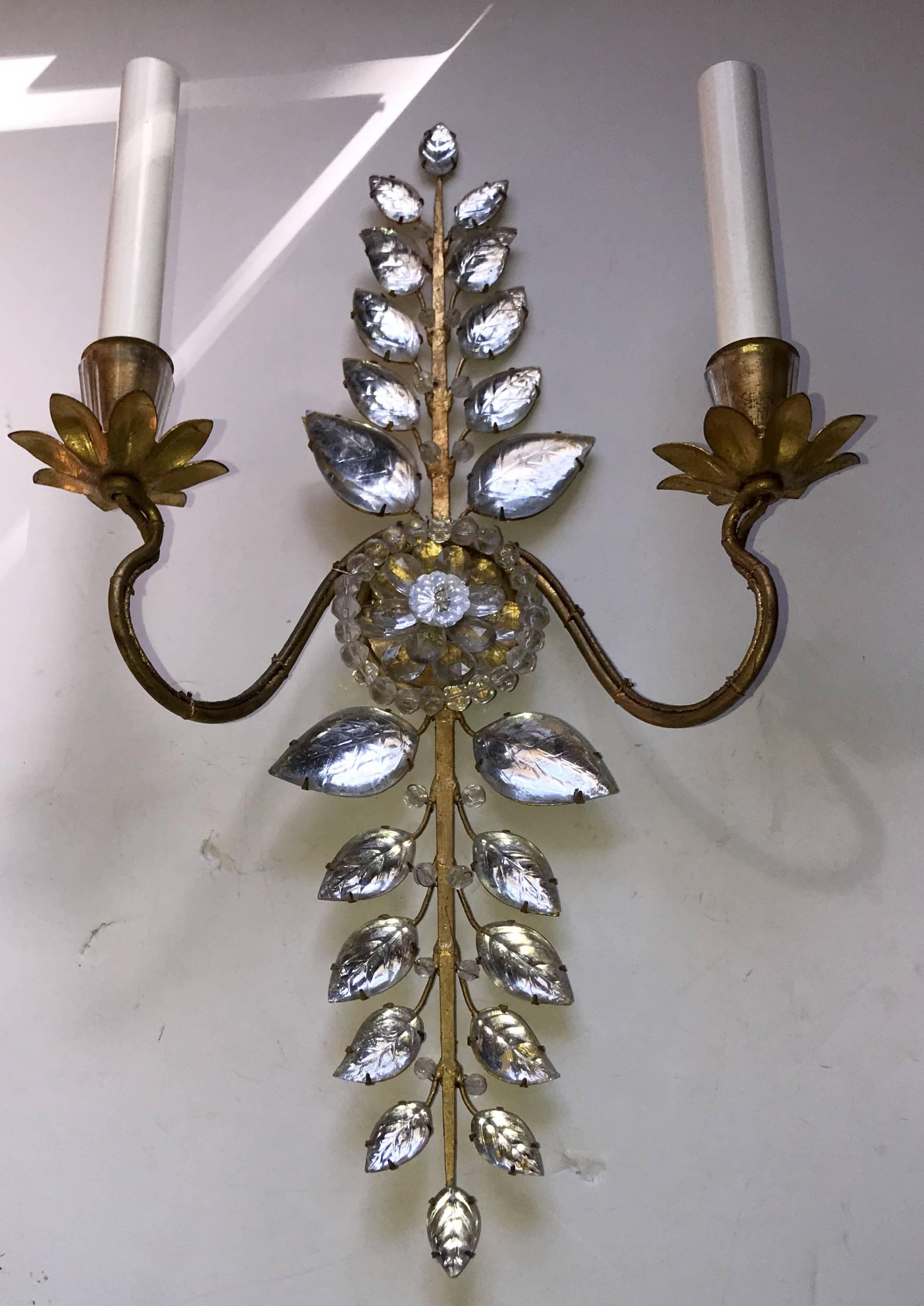 Mid Century Modern Vintage Pair Bagues French Leaf Flower Beaded Crystal Sconces 1
