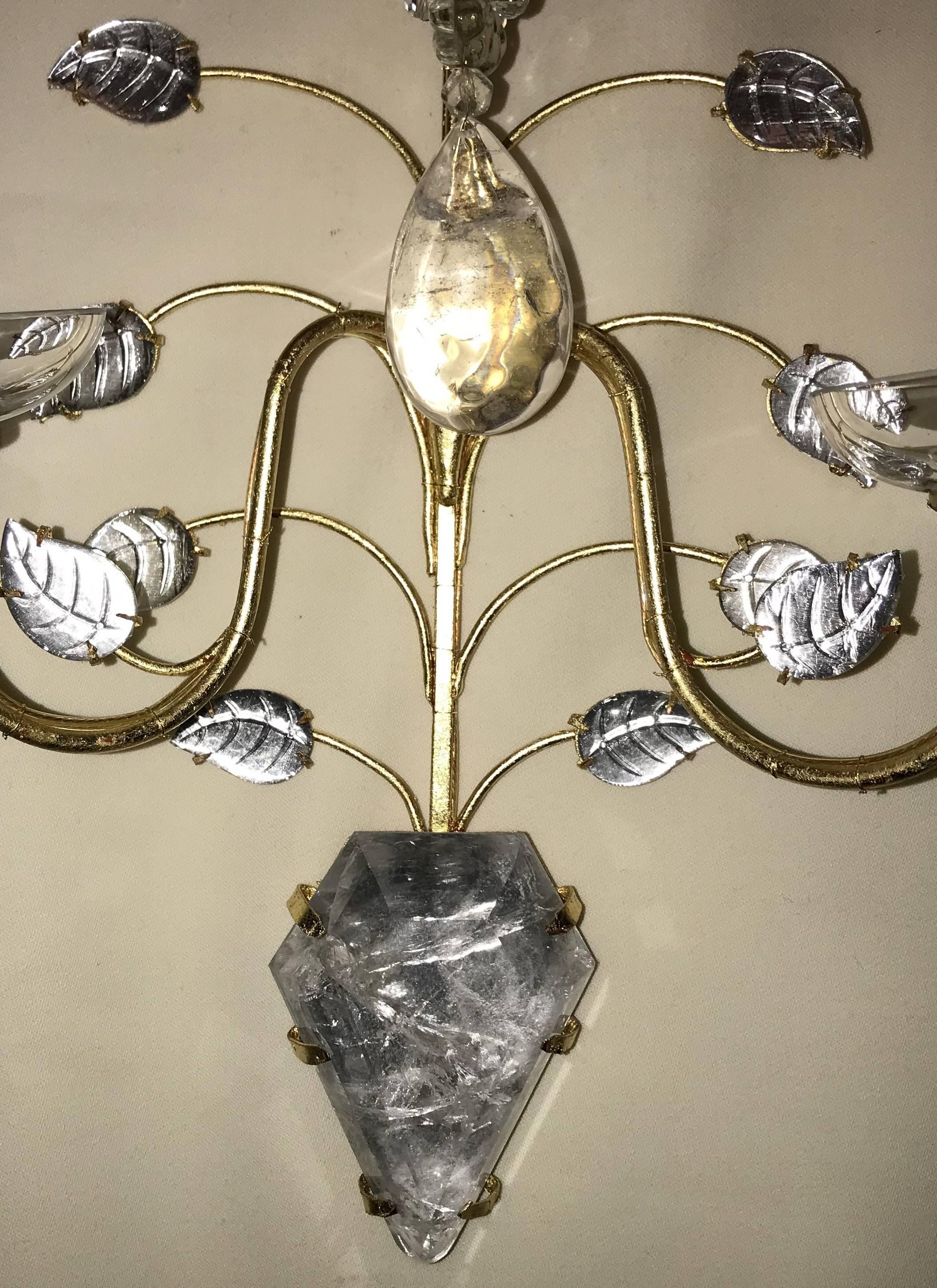 Italian Mid-Century Modern Vintage Pair of Baguès Rock Crystal Gold Gilt Flower Sconces