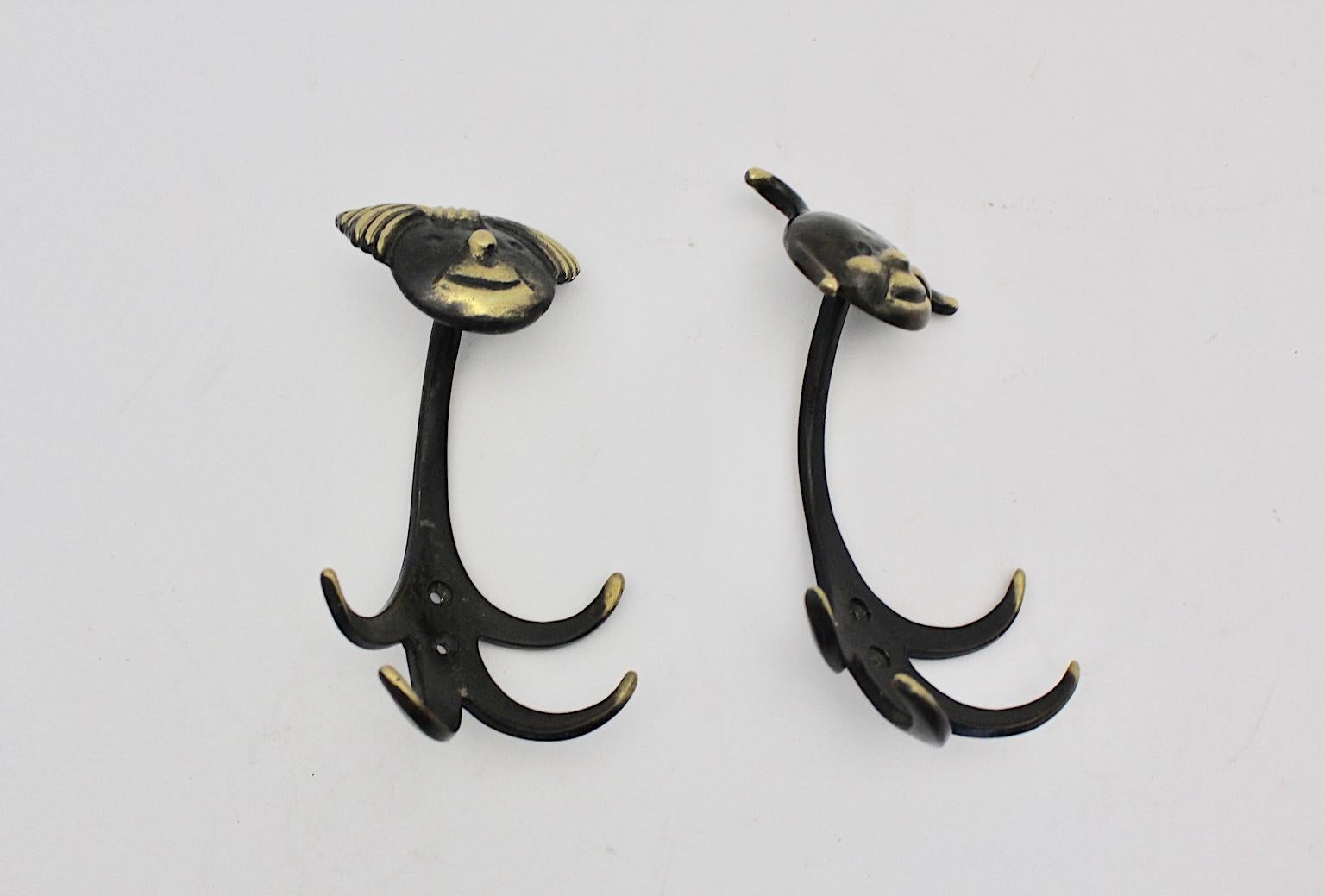 Mid-Century Modern Vintage Pair of Brass Wall Hooks Walter Bosse, 1950s, Austria For Sale 4