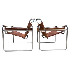 Mid-Century Modern Vintage Pair of Brown Leather Wassily Lounge Chairs Patina