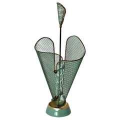 Mid Century Modern Vintage Pastel Green Mesh Metal Umbrella Stand Cane Holder