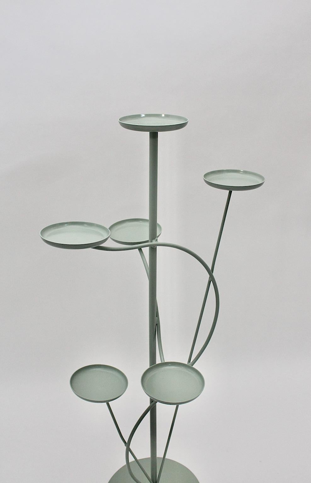 Mid-Century Modern Mid Century Modern Vintage Pastel Green Metal Flower Stand Flower Rack 1950s For Sale