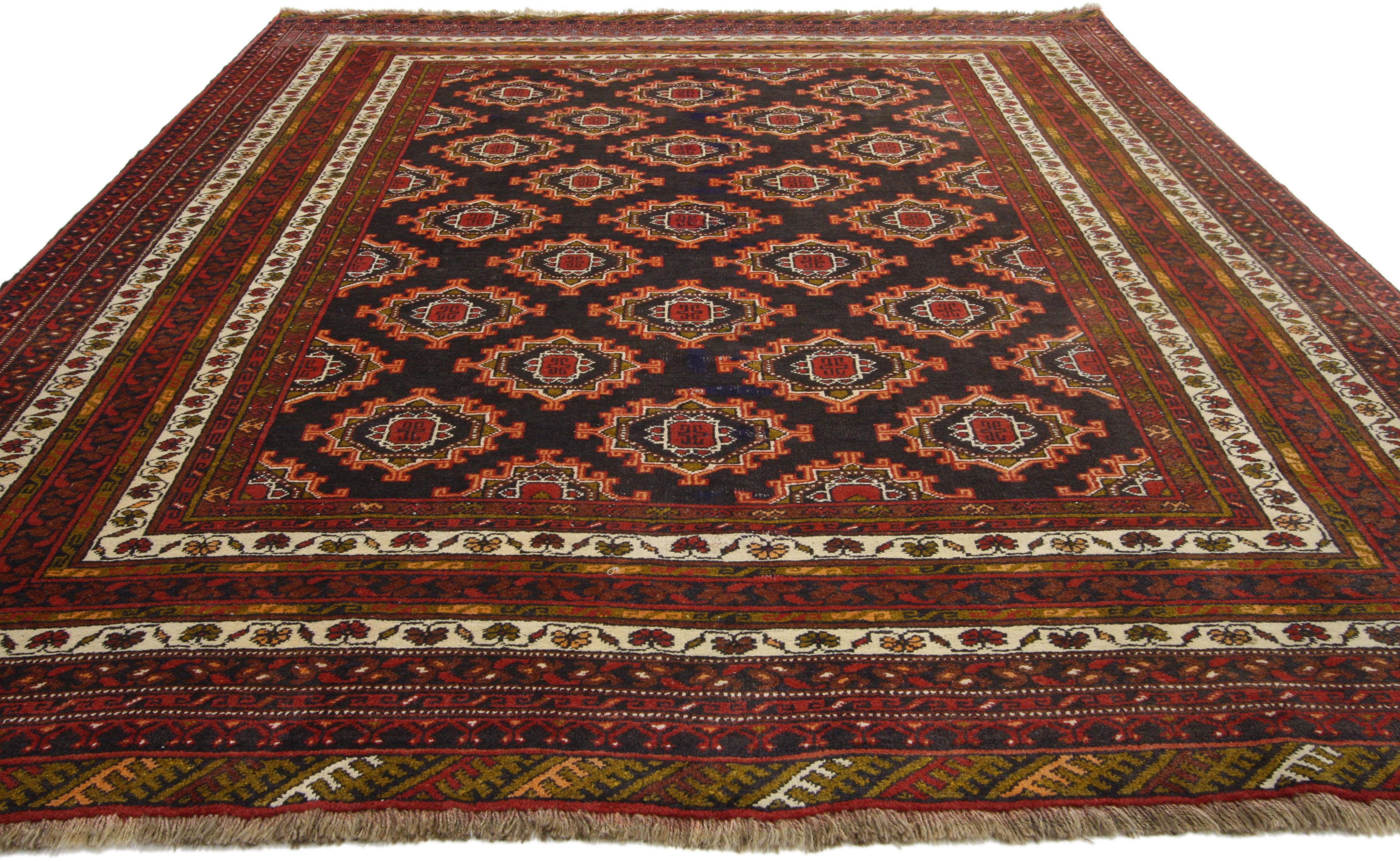Hand-Knotted Mid-Century Modern Vintage Persian Baluch Rug with Tribal Style
