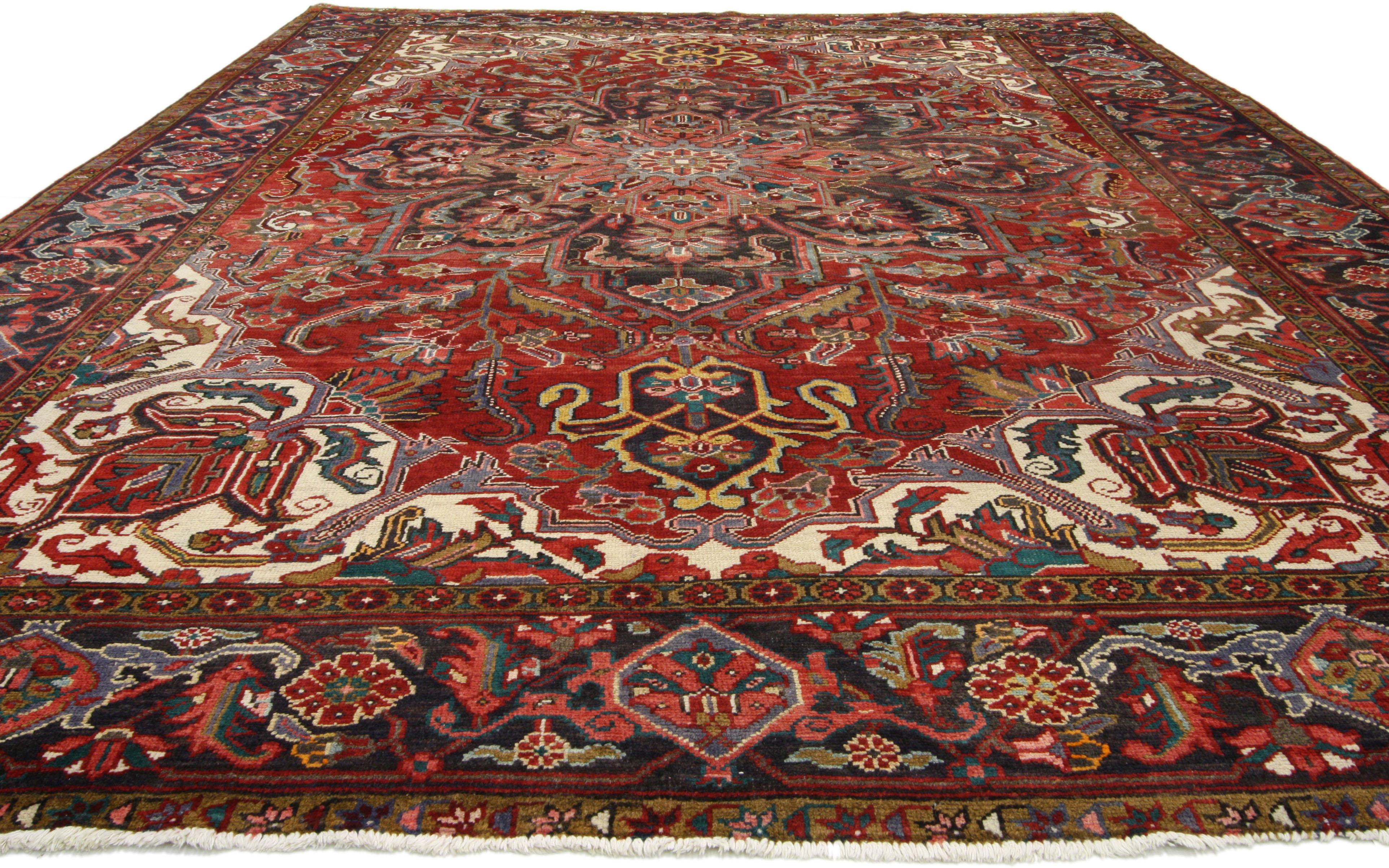 Heriz Serapi Mid-Century Modern Vintage Persian Heriz Rug with Craftsman Style For Sale