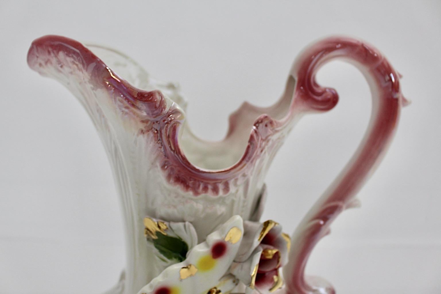 Mid Century Modern Vintage Pink White Porcelain Pitcher Capodimonte Italy 1950s For Sale 6
