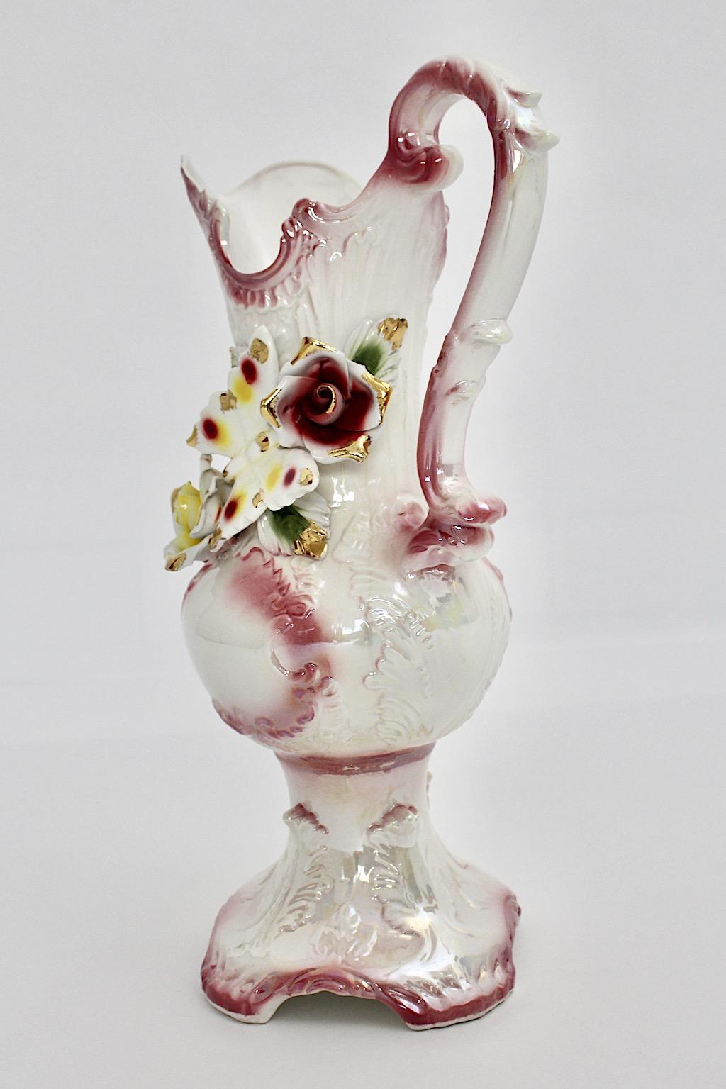 Mid Century Modern Vintage Pink White Porcelain Pitcher Capodimonte Italy 1950s For Sale 8