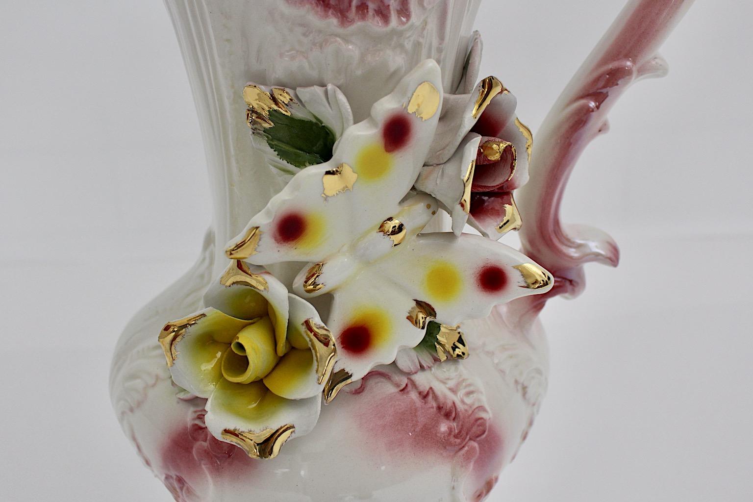 Mid Century Modern Vintage Pink White Porcelain Pitcher Capodimonte Italy 1950s For Sale 10