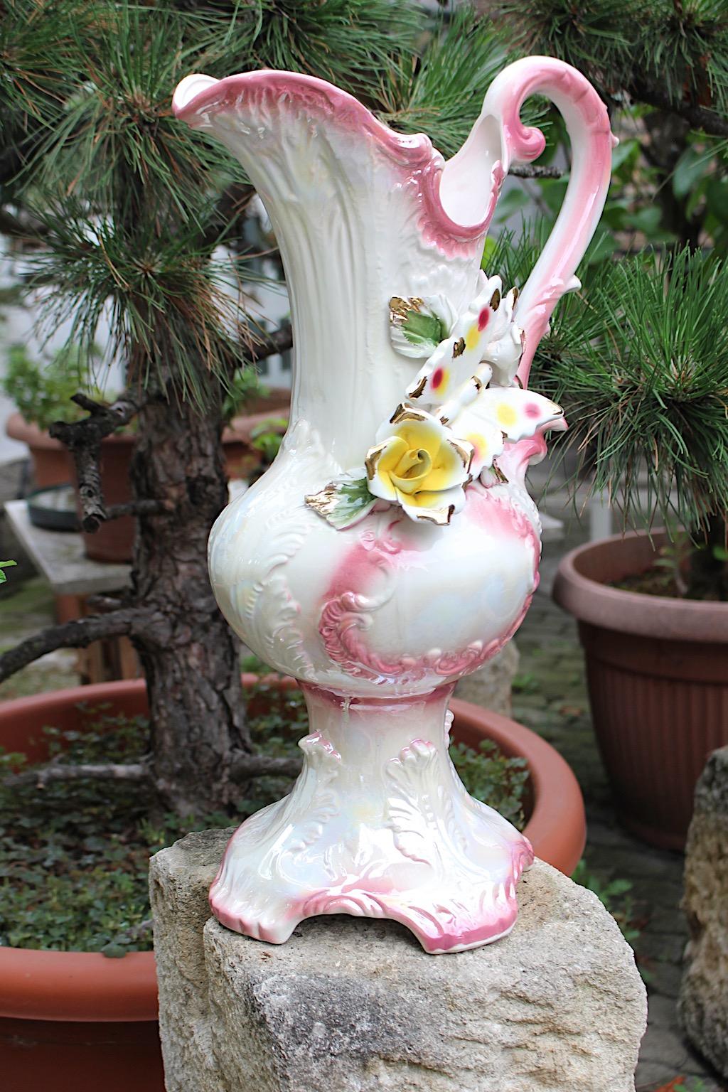 Rococo Mid Century Modern Vintage Pink White Porcelain Pitcher Capodimonte Italy 1950s For Sale