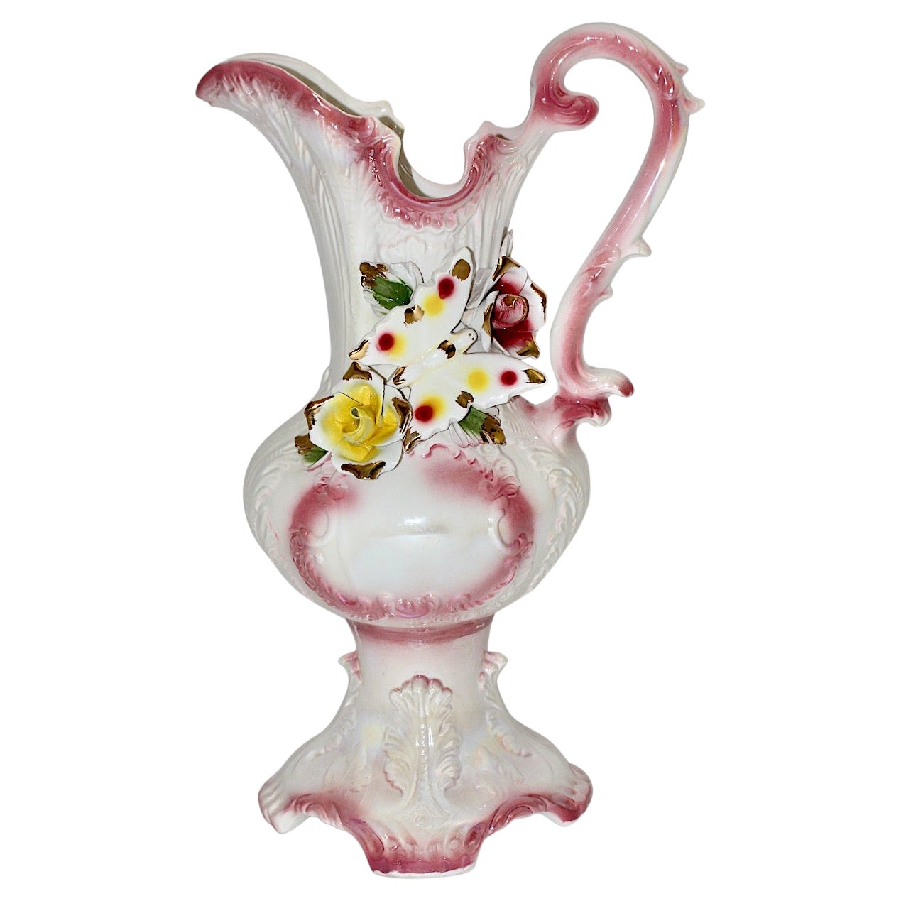 Mid Century Modern Vintage Pink White Porcelain Pitcher Capodimonte Italy 1950s