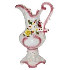 Mid Century Modern Vintage Pink White Porcelain Pitcher Capodimonte Italy 1950s