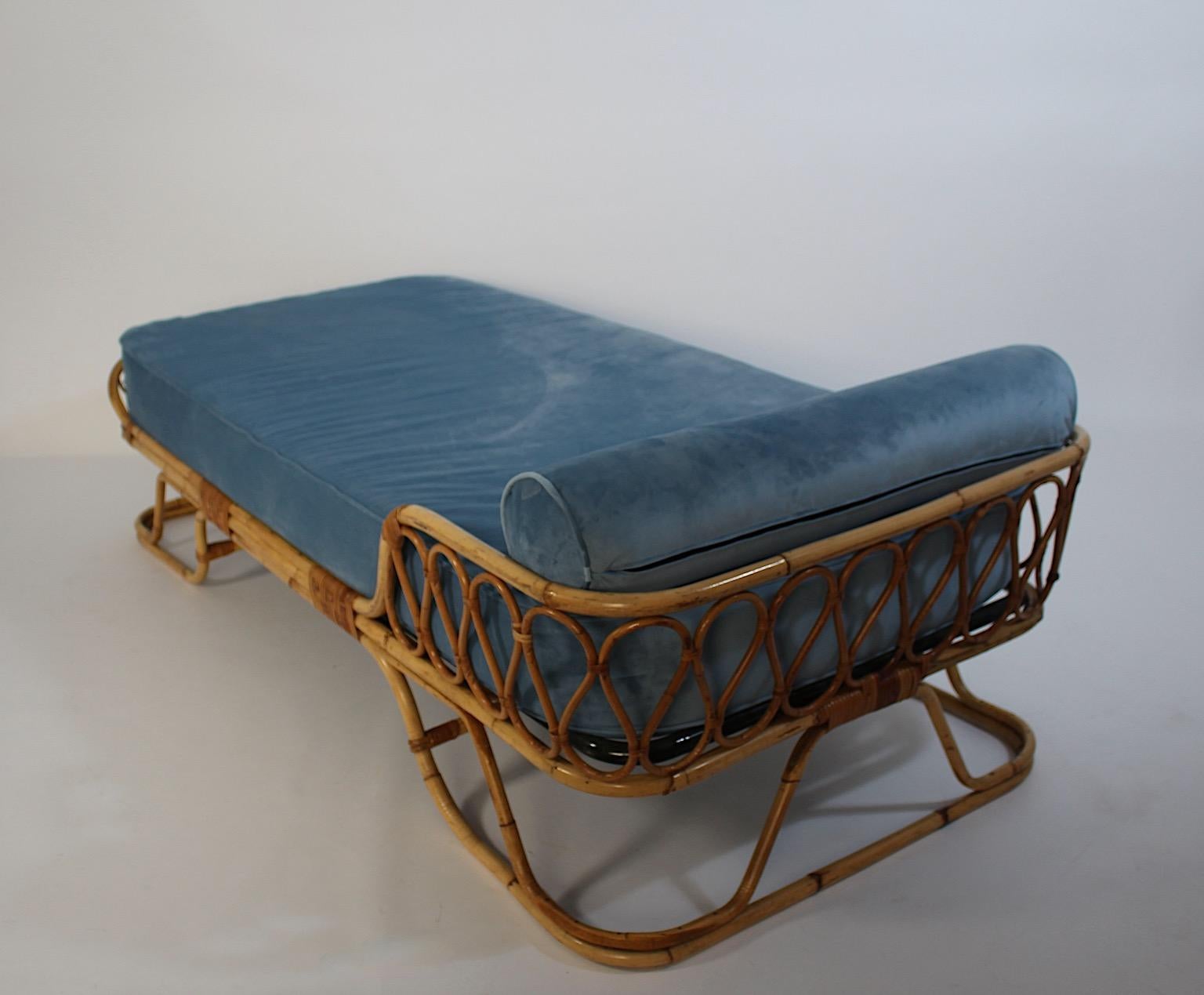 Mid Century Modern Vintage Rattan Bamboo Soft Blue Velvet Daybed Chaise Longue For Sale 3