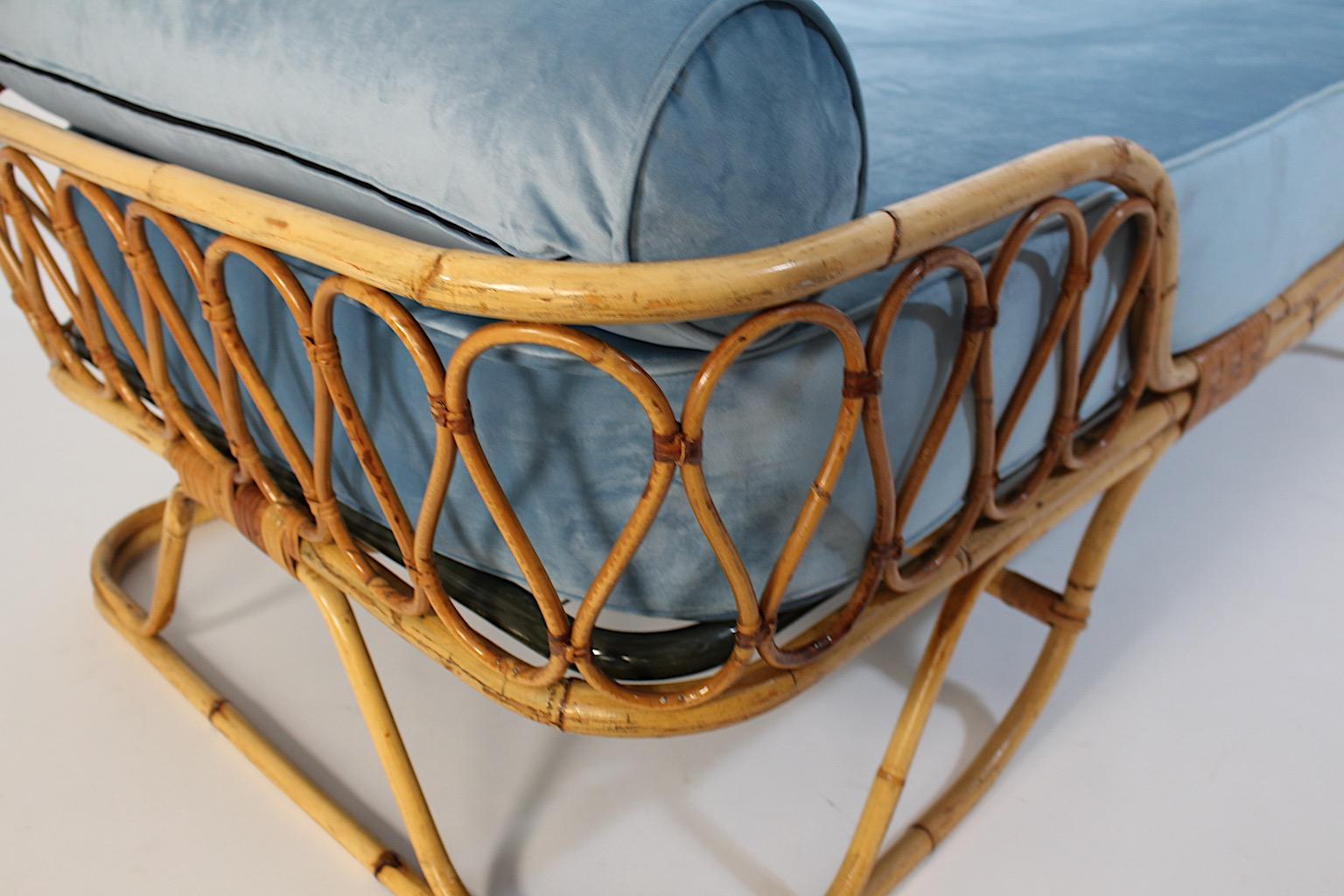 Mid Century Modern Vintage Rattan Bamboo Soft Blue Velvet Daybed Chaise Longue For Sale 5