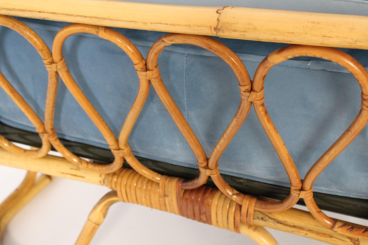 Mid Century Modern Vintage Rattan Bamboo Soft Blue Velvet Daybed Chaise Longue For Sale 6