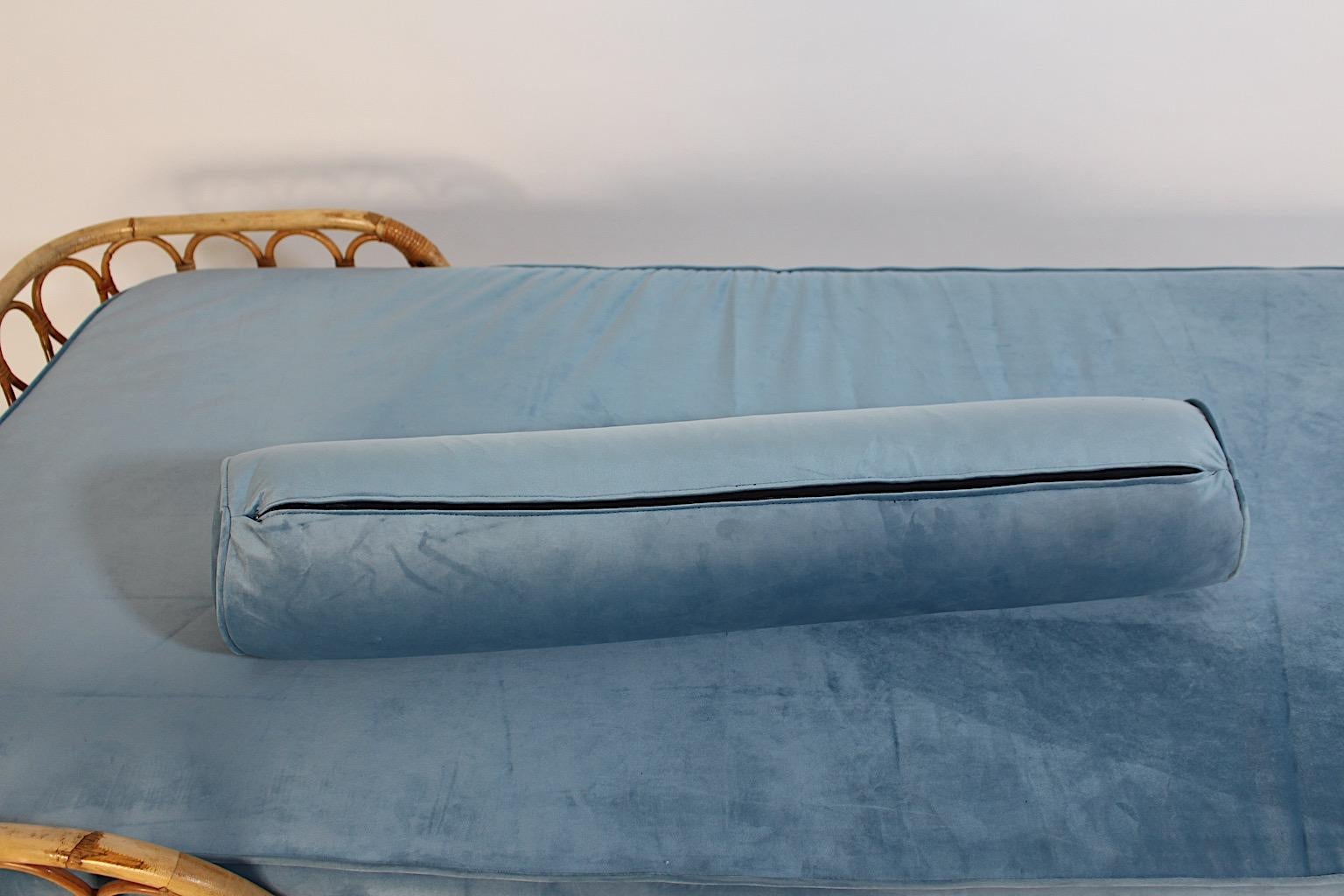 Mid Century Modern Vintage Rattan Bamboo Soft Blue Velvet Daybed Chaise Longue For Sale 8