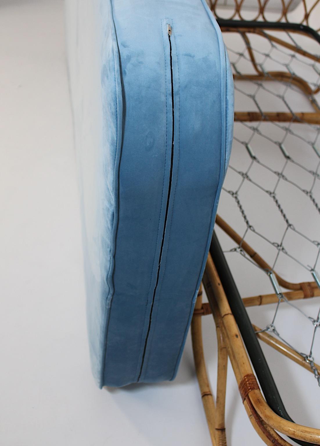 Mid Century Modern Vintage Rattan Bamboo Soft Blue Velvet Daybed Chaise Longue For Sale 9