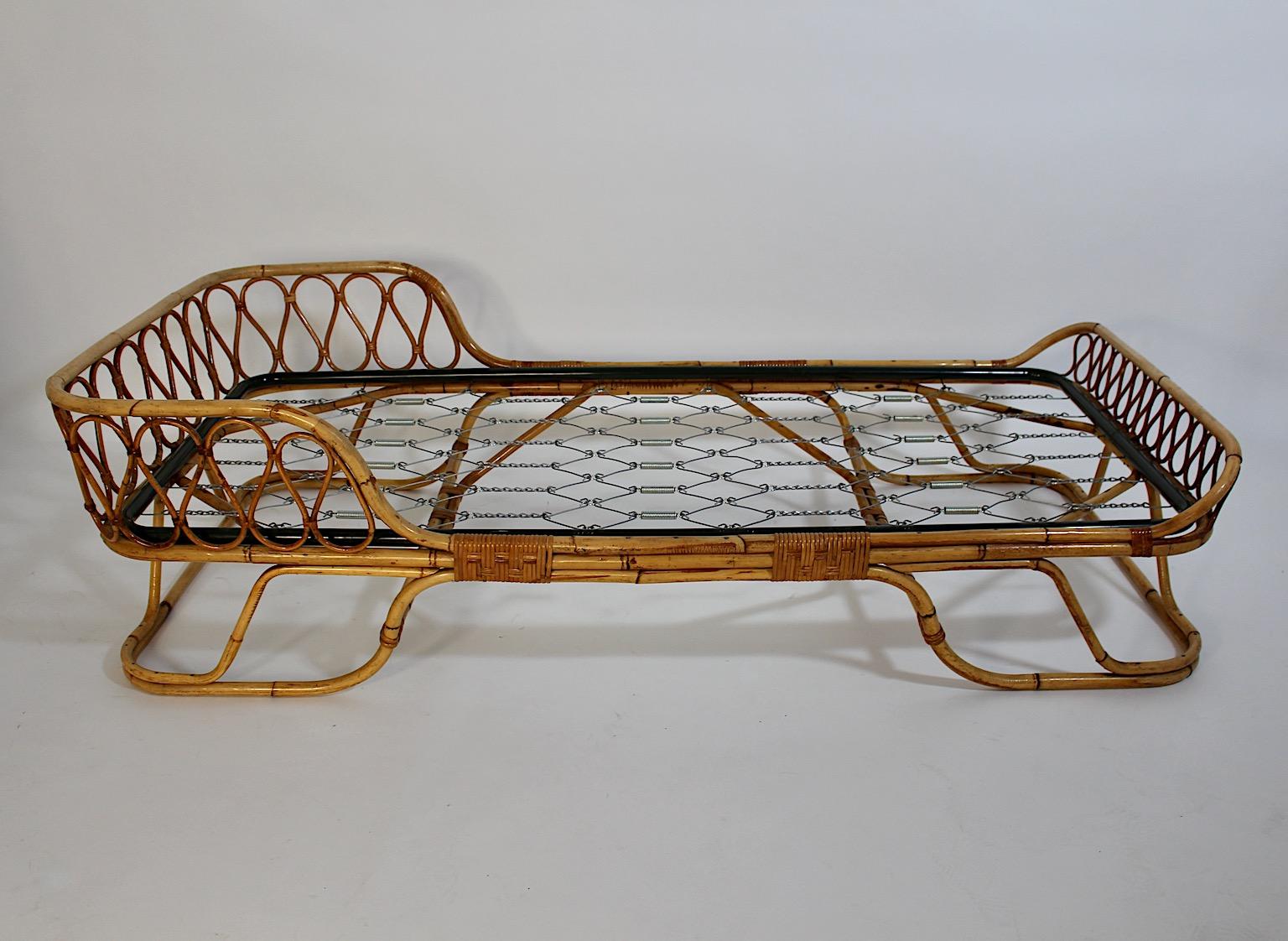 Mid Century Modern Vintage Rattan Bamboo Soft Blue Velvet Daybed Chaise Longue For Sale 10