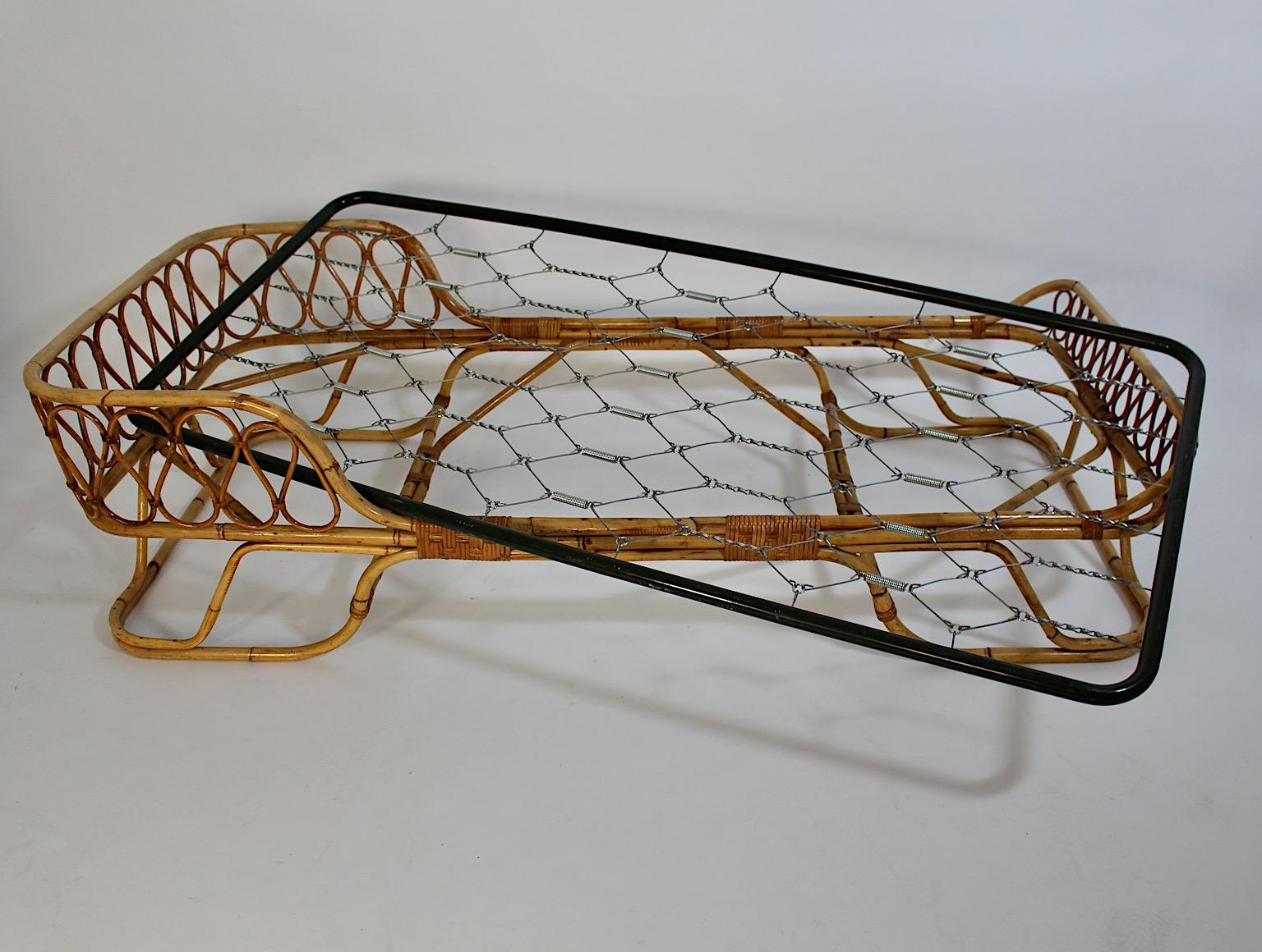 Mid Century Modern Vintage Rattan Bamboo Soft Blue Velvet Daybed Chaise Longue For Sale 12