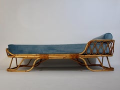 Mid Century Modern Vintage Rattan Bamboo Soft Blue Velvet Daybed Chaise Longue