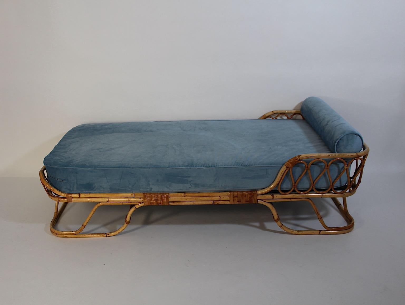 Mid-Century Modern Mid Century Modern Vintage Rattan Bamboo Soft Blue Velvet Daybed Chaise Longue For Sale