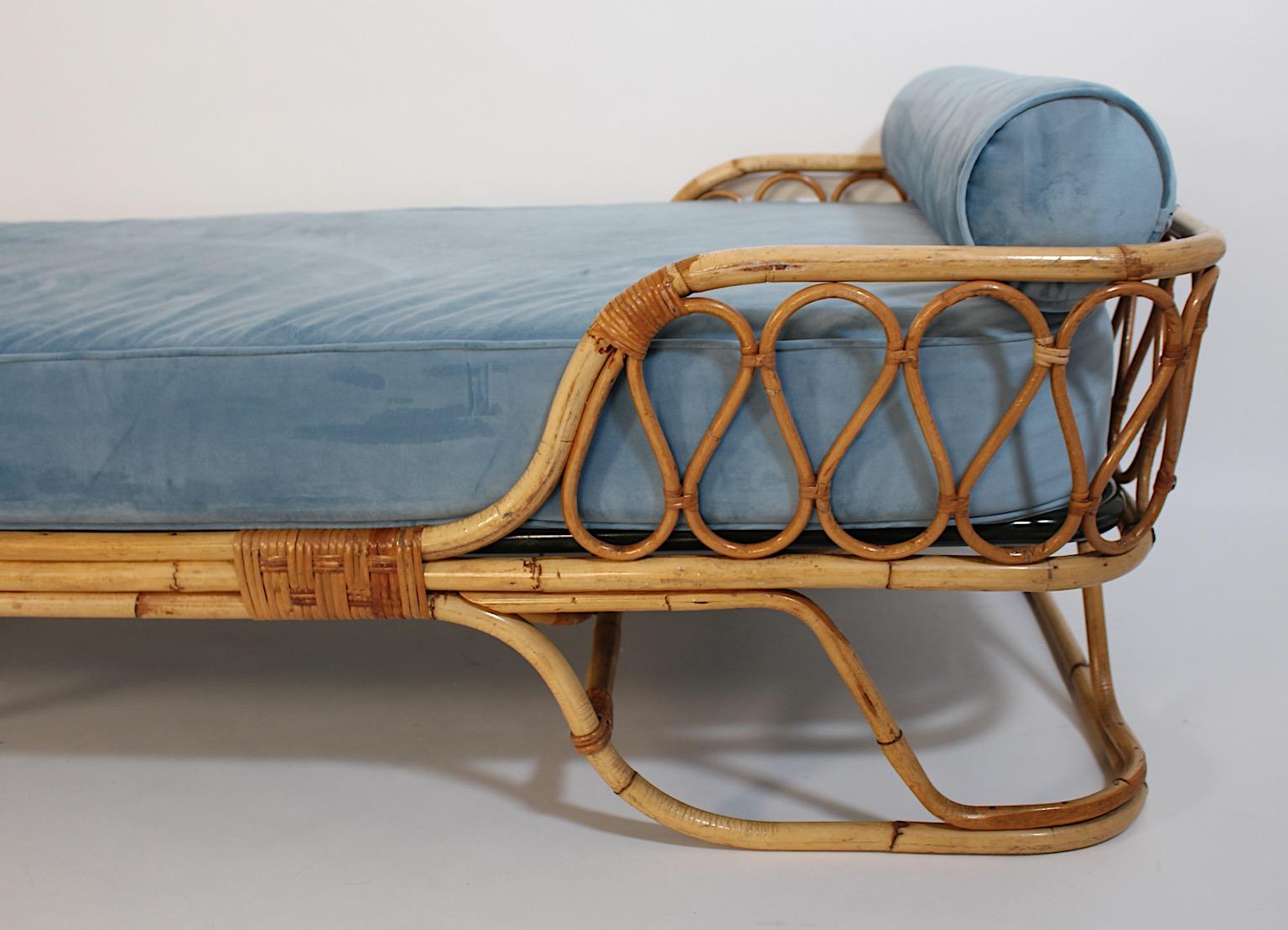 Italian Mid Century Modern Vintage Rattan Bamboo Soft Blue Velvet Daybed Chaise Longue For Sale