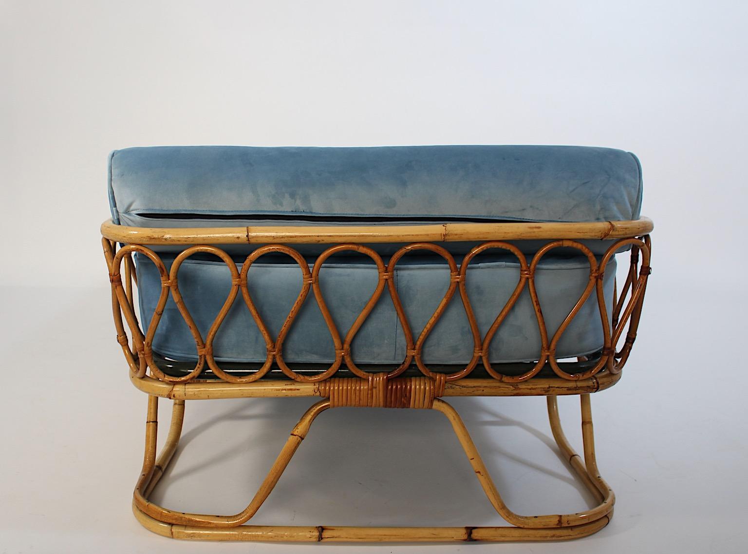 20th Century Mid Century Modern Vintage Rattan Bamboo Soft Blue Velvet Daybed Chaise Longue For Sale