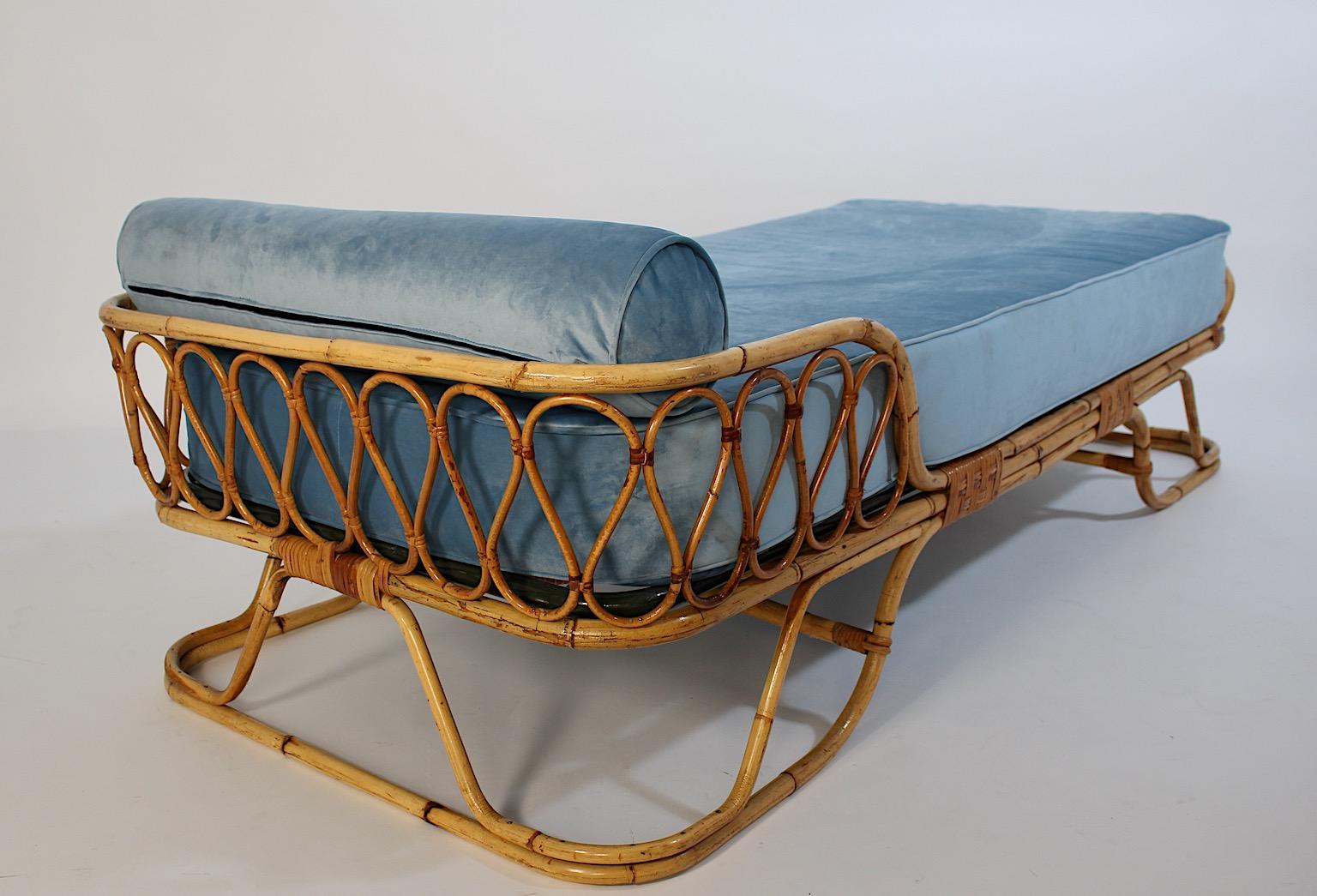 Metal Mid Century Modern Vintage Rattan Bamboo Soft Blue Velvet Daybed Chaise Longue For Sale