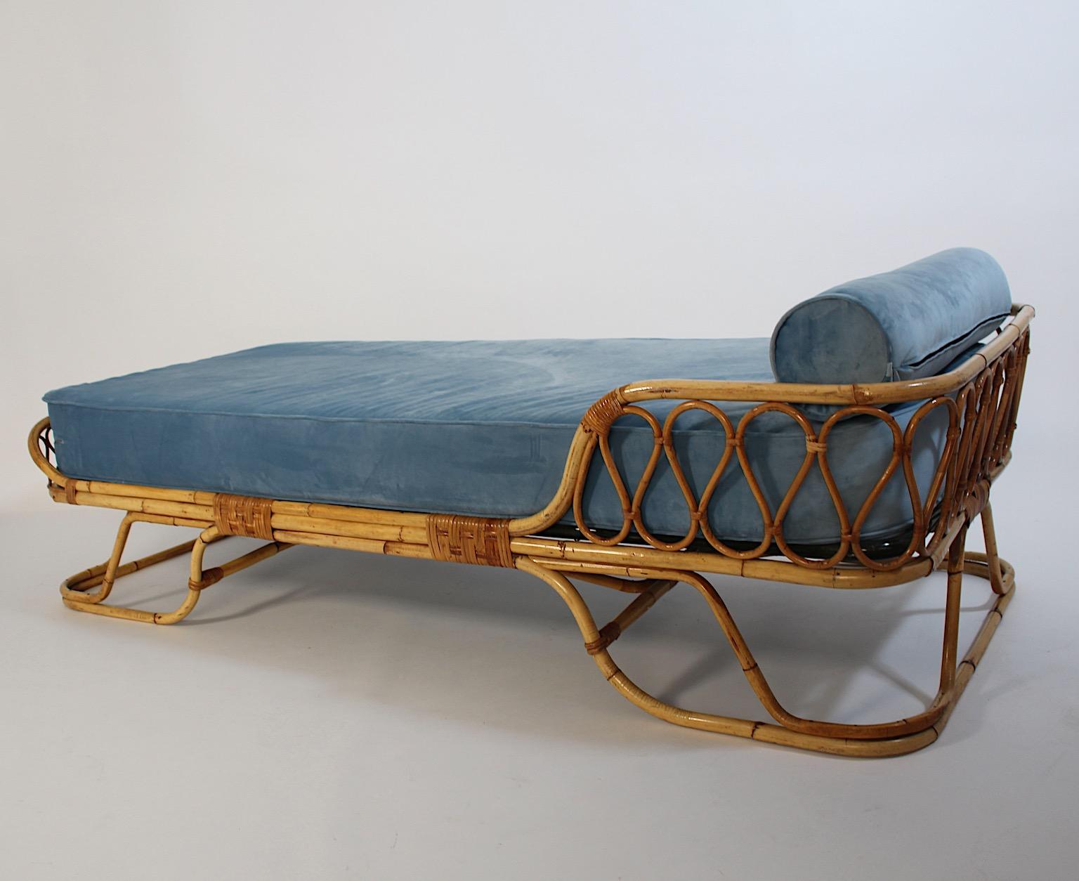 Mid Century Modern Vintage Rattan Bamboo Soft Blue Velvet Daybed Chaise Longue For Sale 1