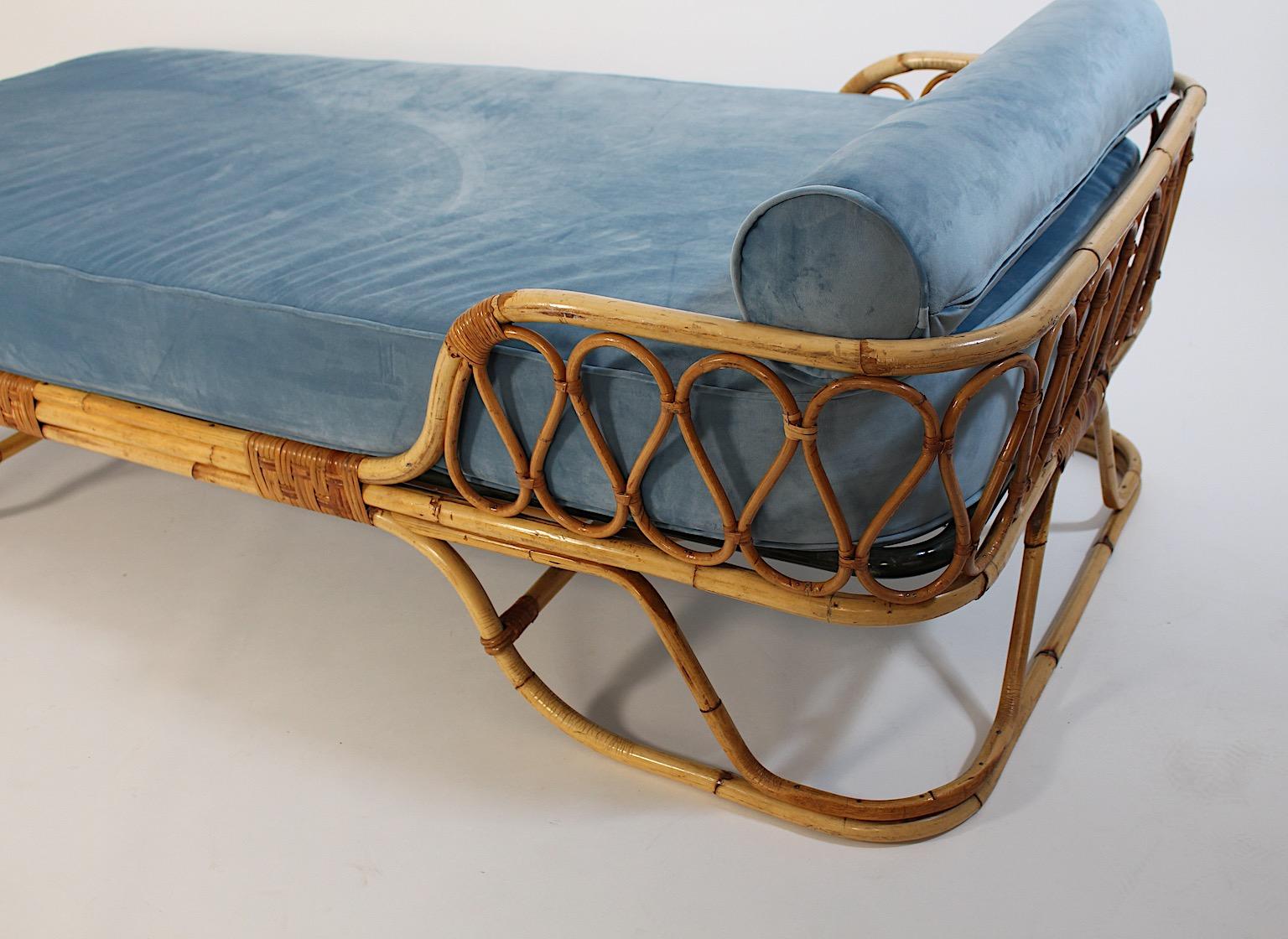 Mid Century Modern Vintage Rattan Bamboo Soft Blue Velvet Daybed Chaise Longue For Sale 2