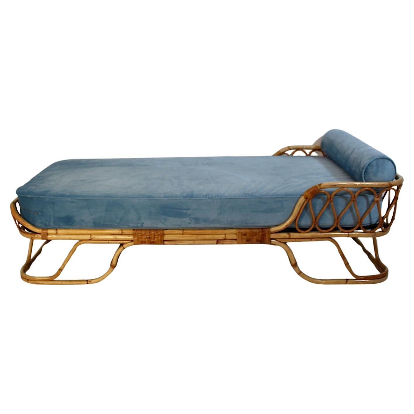 Mid Century Modern Vintage Rattan Bamboo Soft Blue Velvet Daybed Chaise Longue