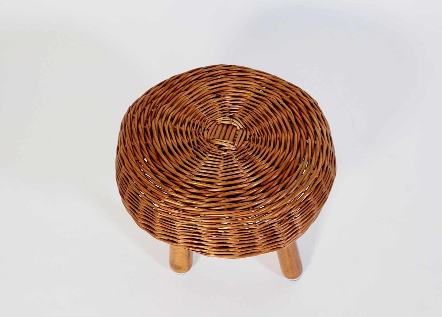 Sgabello organico in rattan e faggio vintage Tony Paul 1950s in vendita 1