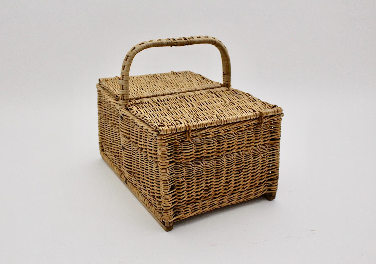 Mid Century Style Vintage Wicker Picnic Basket