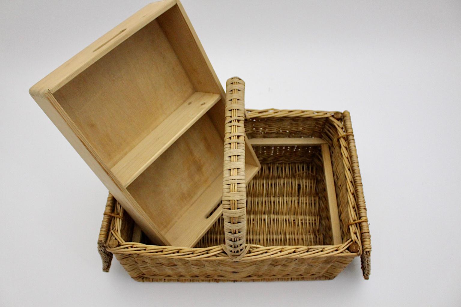 20th Century Mid-Century Modern Vintage Rattan Picnic Basket, 1950s, Austria For Sale