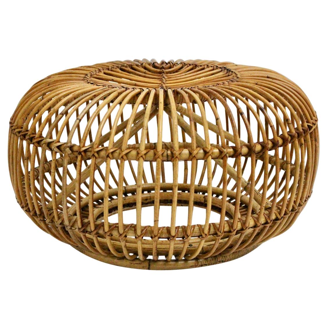 Mid-Century Modern Vintage Rattan Pouf in the Style of Albini 1960s