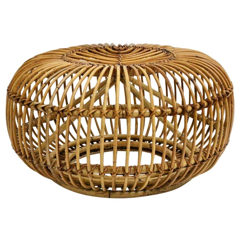 Mid-Century Modern Vintage Rattan Pouf in the Style of Albini 1960s For Sale
