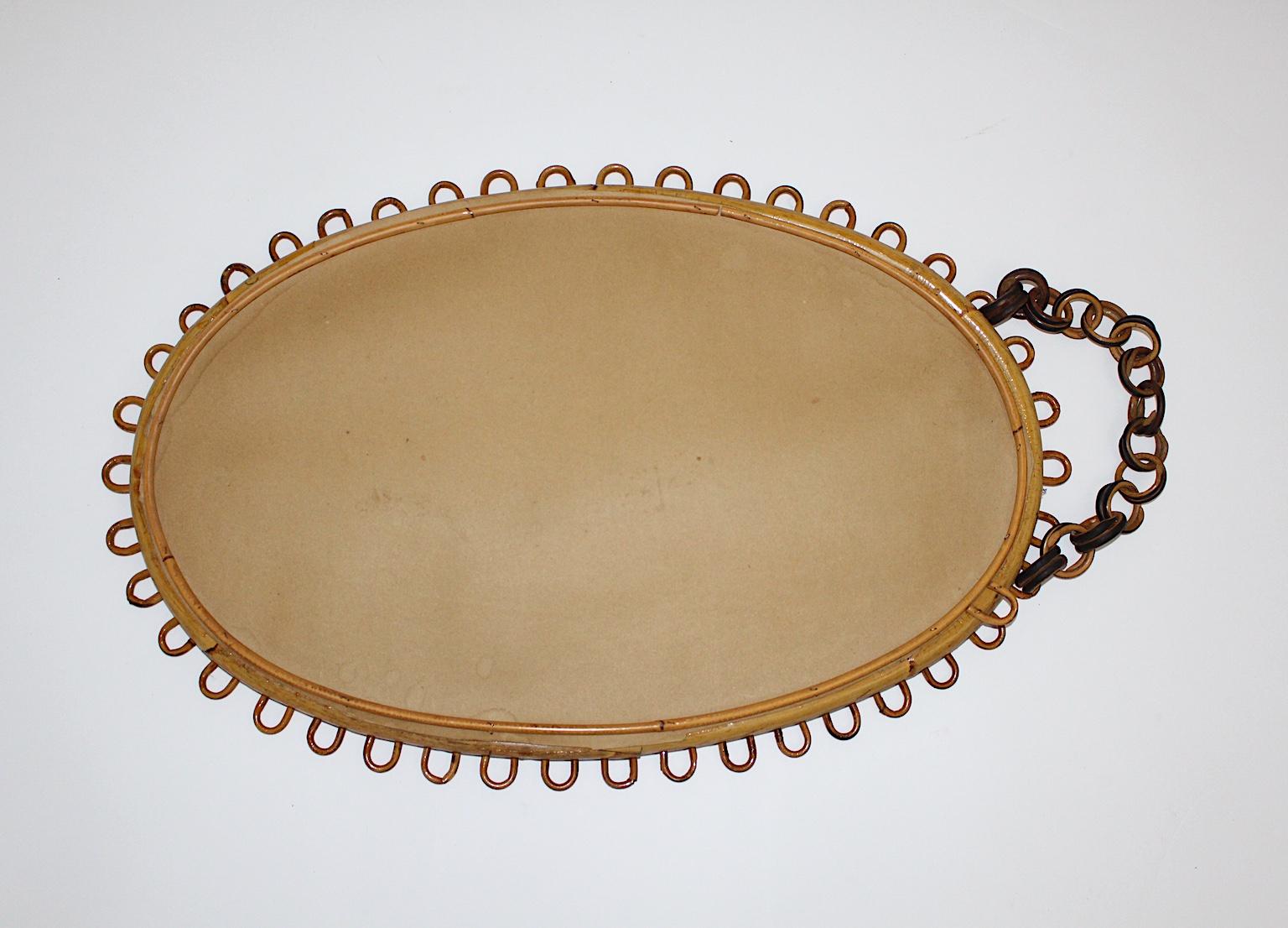 Mid-Century Modern Vintage Rattan Wicker Oval Wall Mirror Sunburst, France 1950s 3