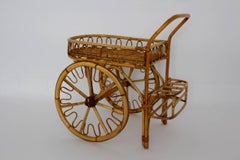 Organic Riviera Style Vintage Rattan Wicker Patio Garden Bar Cart, 1950s, Italy