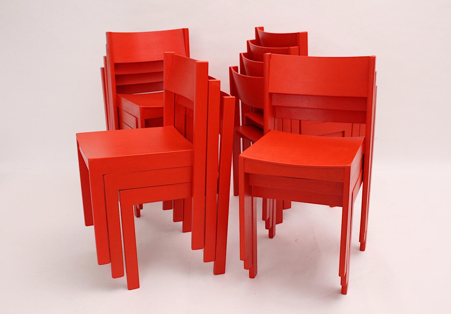 Austrian Mid-Century Modern Vintage Red Beech Dining Room Chairs 1950s Vienna Austria For Sale